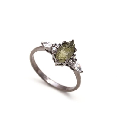 Czech Raw Moldavite Marquise Ring 925 Sterling Silver Black Oxidized Jewelry