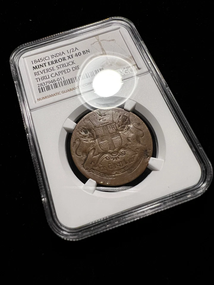 1845 East India ERROR 1/2 Anna NGC XF40 BN Reverse Struck Thru Capped Die RARE - Image 3 of 4