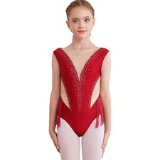 Kids Latin Dance Figure Skating Shiny Rhinestone Patchwork Tassel Bodysuit
