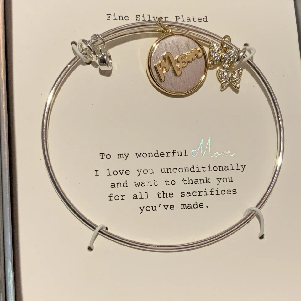 🍒 Stainless Steel "Mom" Pearl Cubic Zirconia Charm Bangle Bracelet - Gold - Image 2 of 3