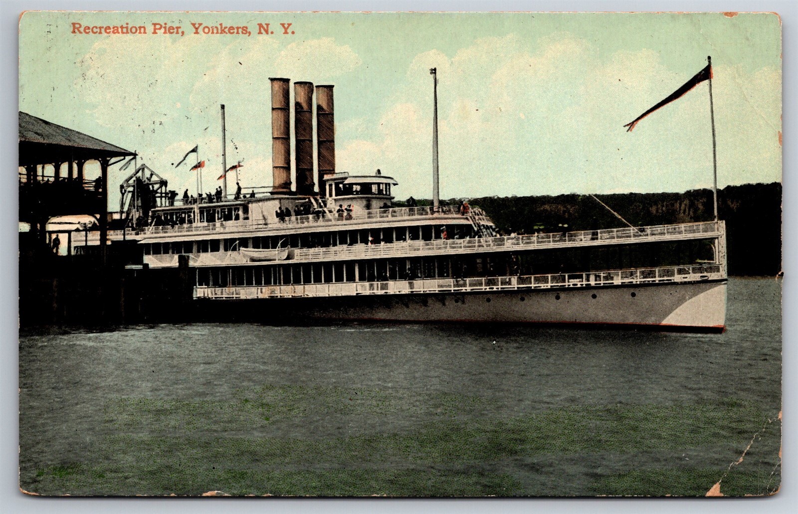 Vintage 1911 Yonkers NY Recreation Pier Steamer Cruise Ship Postcard W19
