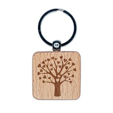 Heart Tree Spring Summer Love Valentine's Day Engraved Wood Square Keychain