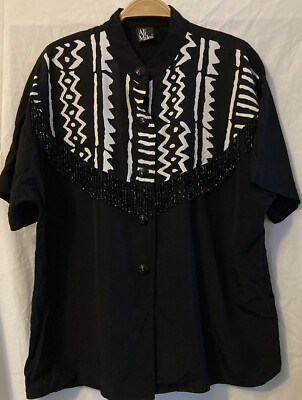 Vintage Ali Miles Button Up Beaded Shirt Mandarin Collar Art to Wear Size Large