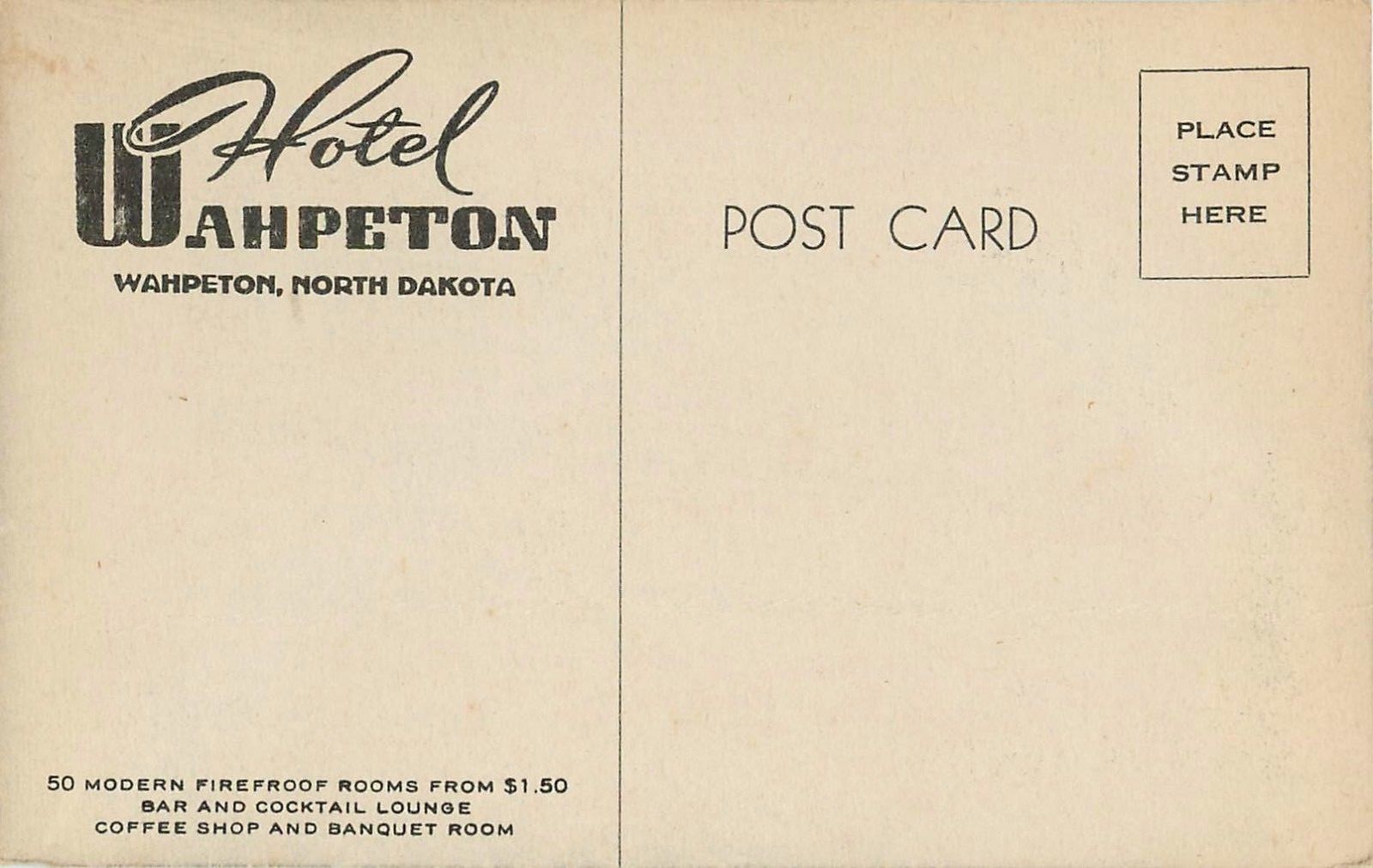 c1930s Interior View, Hotel Wahpeton, Wahpeton, North Dakota Postcard