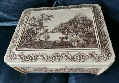Vintage Retro Creme Kunststoff Schmuckkästchen Orientalische Szenen Innenspiegel