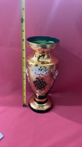 CZECH BOHEMIAN EGERMANN GOLD HIGH ENAMEL GREEN CRYSTAL ART GLASS VASE - W1099 - Picture 2 of 9