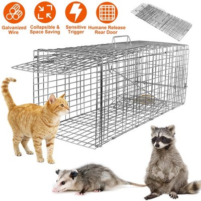32'' Live Humane Cat Trap Animal Cage Trap Heavy Duty Folding Rat Raccoon Traps