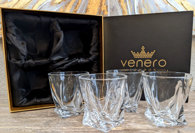 Whiskey Glasses Twisted Crystal Venero London Set of 4 w/ Gift Box Barware