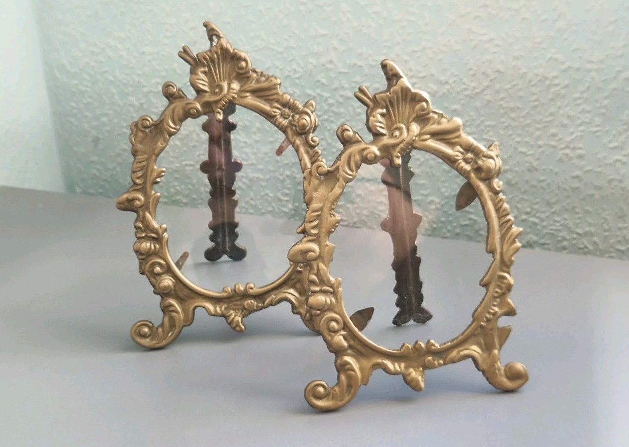 Vintage Pair Brass Rococo Style Easel Ornate Picture Photo Frames Display