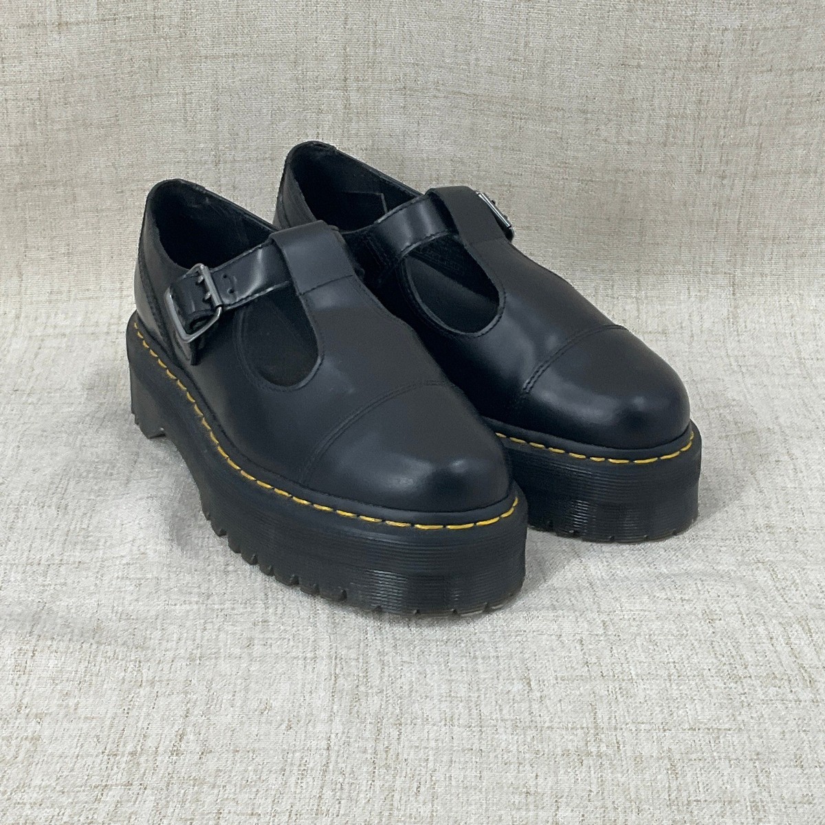 Dr. Martens Bethan Black Leather T-Bar Mary Jane Platform Shoes Sz