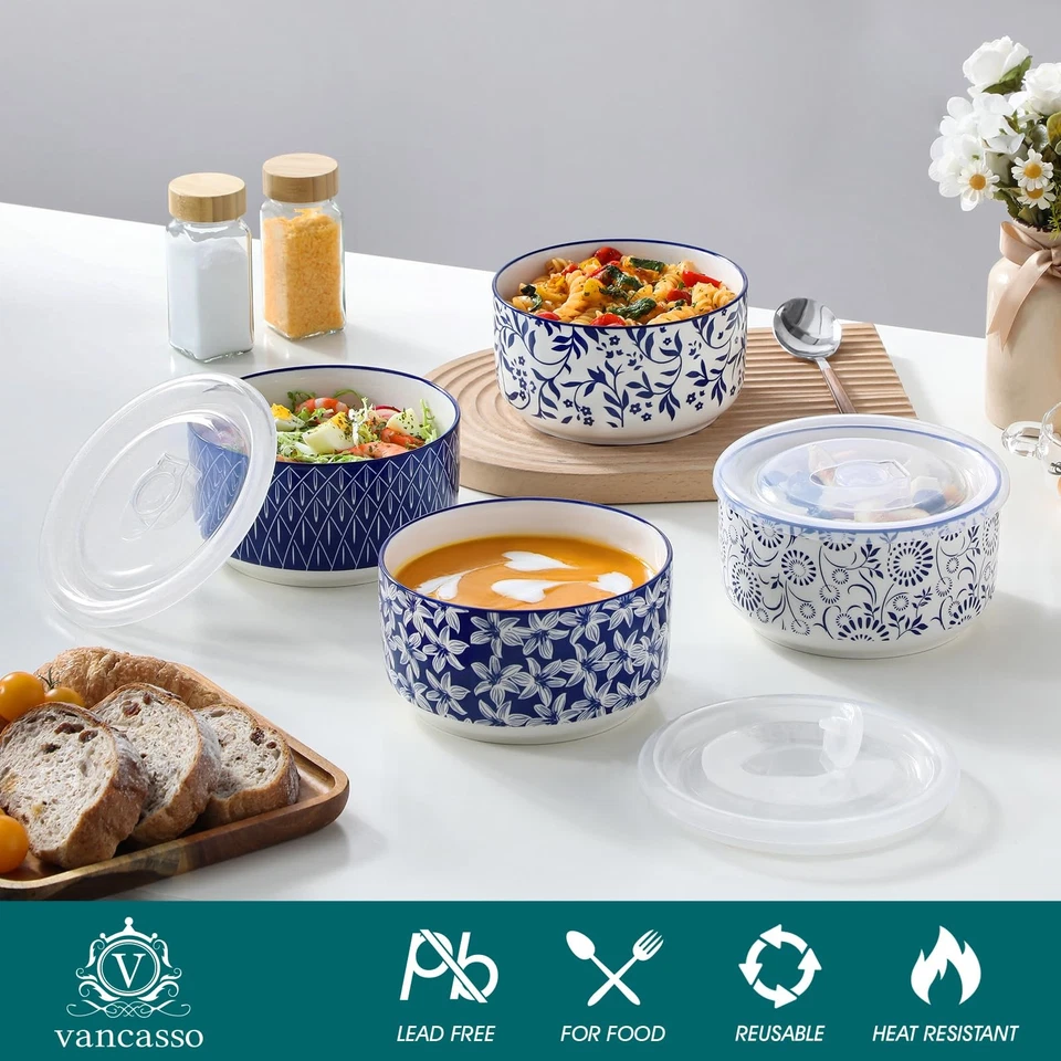 Juego de 4 cuencos para servir de cerámica con tapas de 36 OZ, cuencos para almuerzo de porcelana con Li... Foto 3 de 4