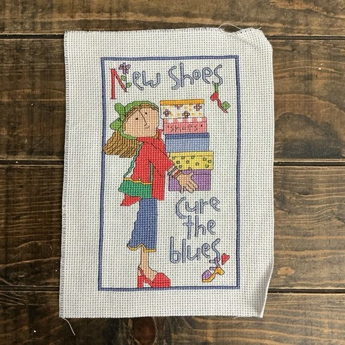 Completed Unframed Counted Cross Stitch New Shoes Cure The Blues