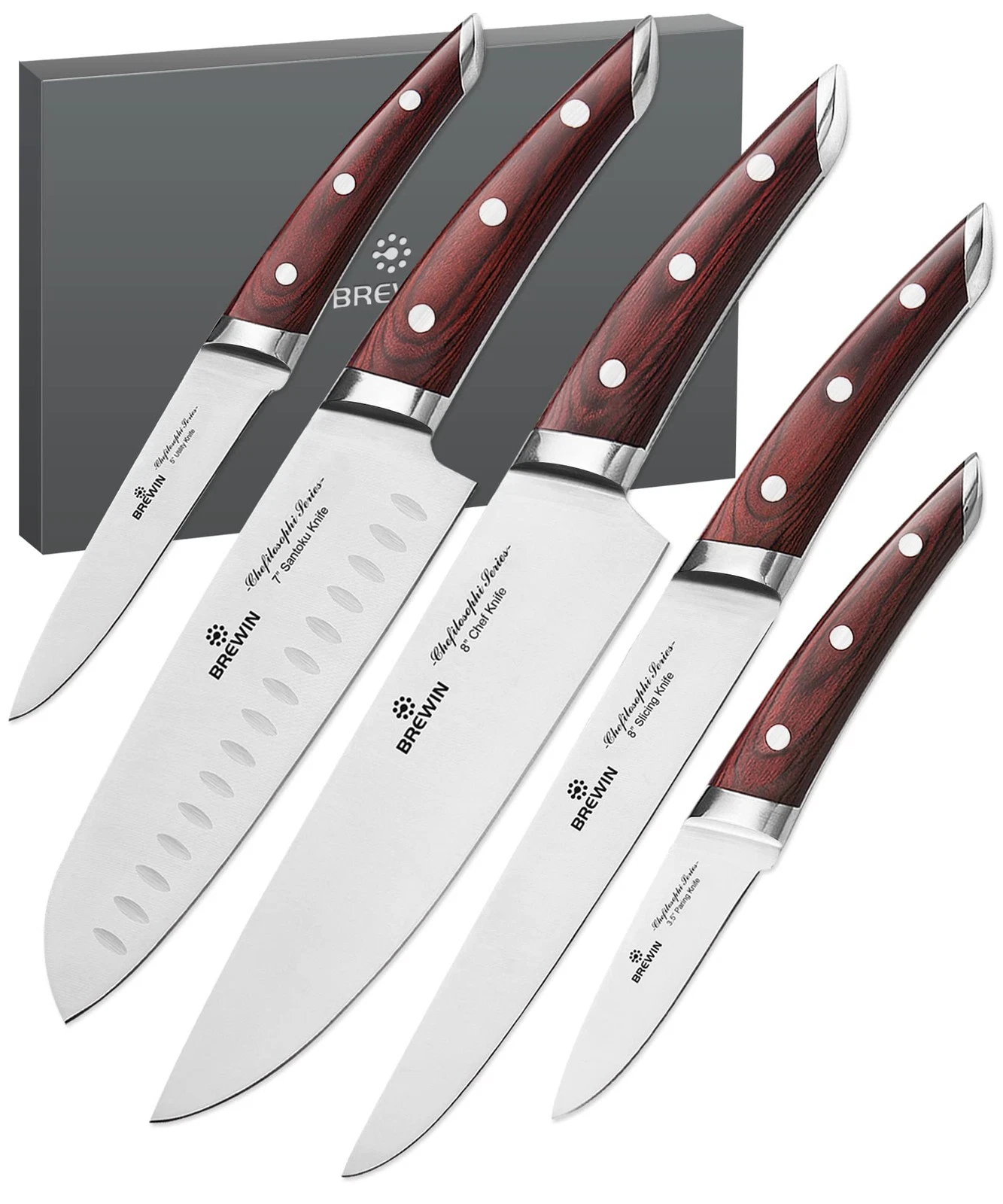 CHEFILOSOPHI Japanese Chef Set 5 PCS with Elegant Red Pakkawood Handle Ergono...