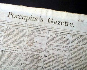 Rare PORCUPINE'S GAZETTE by William Cobbett Philadelphia PA 1797 Old Newspaper