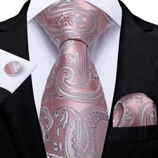 Mens Tie Baby Pink Paisley Luxury Necktie Handkerchief Cufflinks Set Wedding