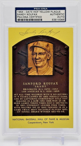 Sandy Koufax 1964 Signed Dodgers HOF Date Yellow Plaque Postcard PSA/DNA Auto