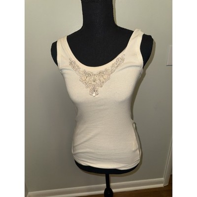 Karen Kane Vintage Y2K Ribbed Embroidery Trim Beaded Baby Doll Tank Top Size XS