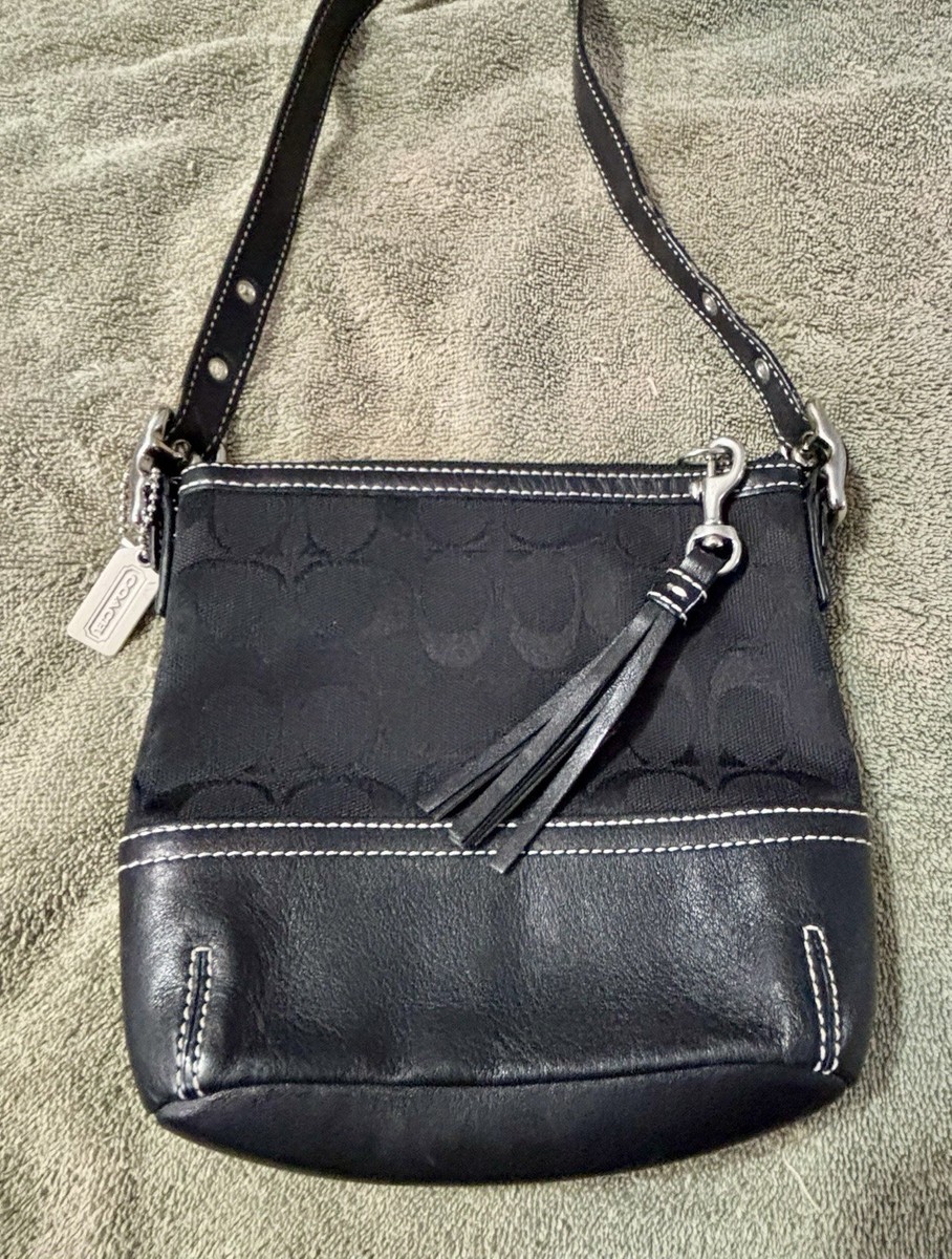 COACH Black Jacquard Signature Canvas Leather Tassel Charm 