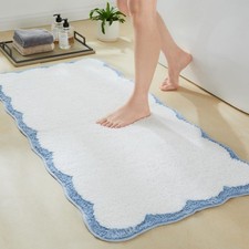 Luxury Microfiber Scalloped Runner Rug White Blue Cute Bath Mat Absorbent 47x24