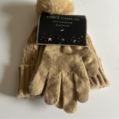 VINCE CAMUTO WOMENS BEANIE WITH FAUX FUR POM AND GLOVES SET  display picture 1