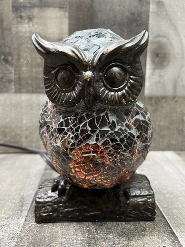 Vintage Tiffany-Style Mosaic Stained Glass Owl Table Lamp Night Light 6.5"