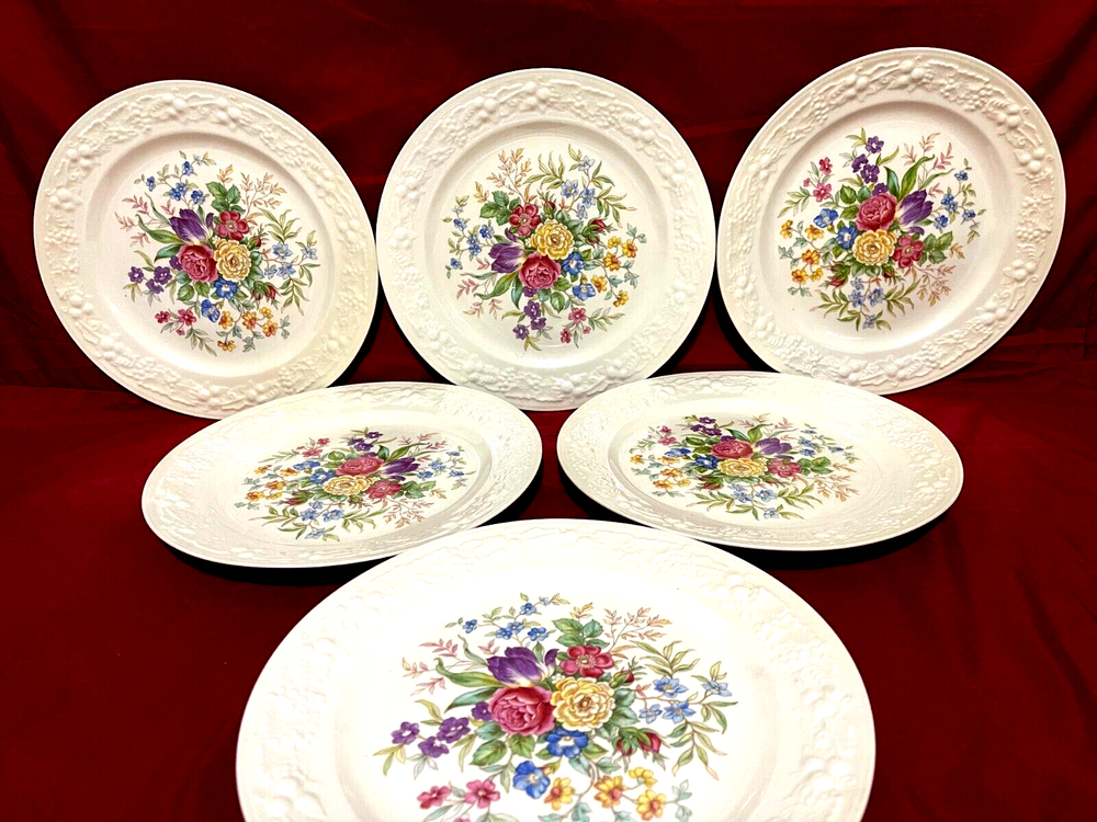 Homer Laughlin Eggshell Theme Set Of 6 Floral Embossed Dinner Plates 9 3/4