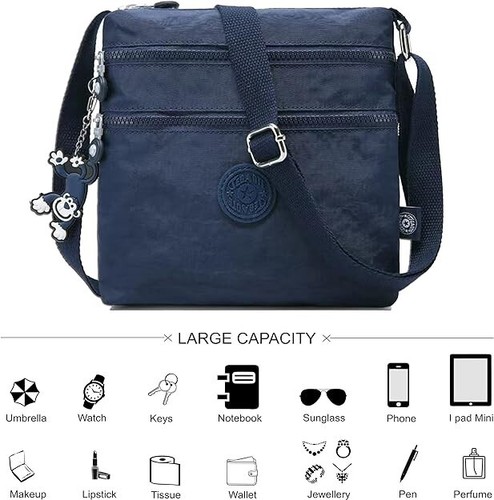 Ladies Shoulder Bag Cross Body Messenger Multi Pocket Nylon Handbag Tote - Blue - Picture 7 of 7