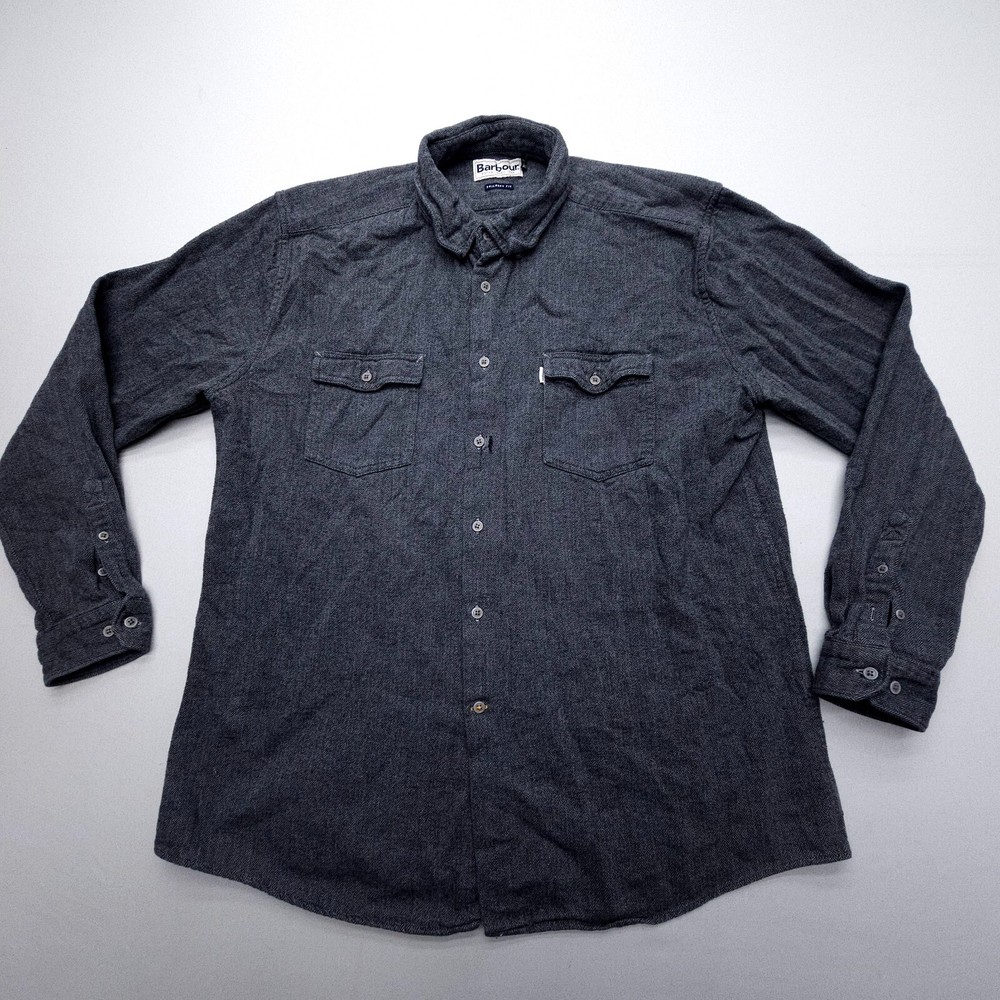 Barbour Mens XL Gray Herringbone Heavy Cotton Overshirt Tailored Fit Long Sleeve