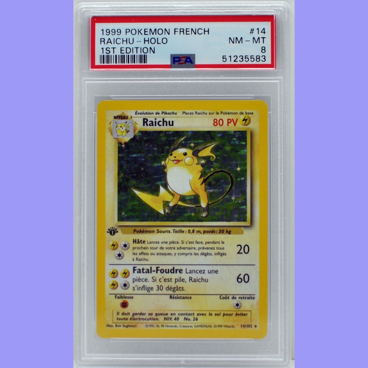 Pokemon 1st Edition Base Set French Raichu Holo 14/102 PSA 8 NM