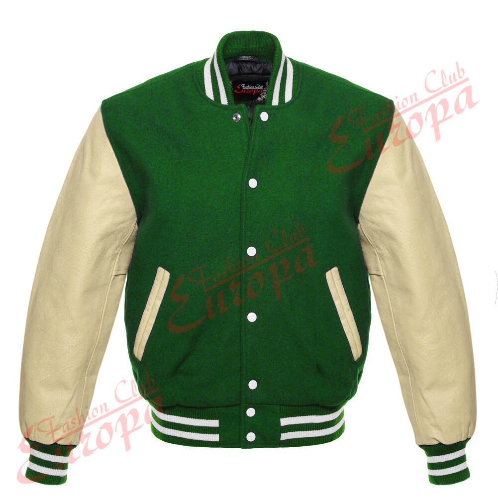 Varsity Jacket Baseball Letterman Bomber School Collage Light Grey Wool and  Genuine Green Leather Sleeves at  Men’s Clothing store