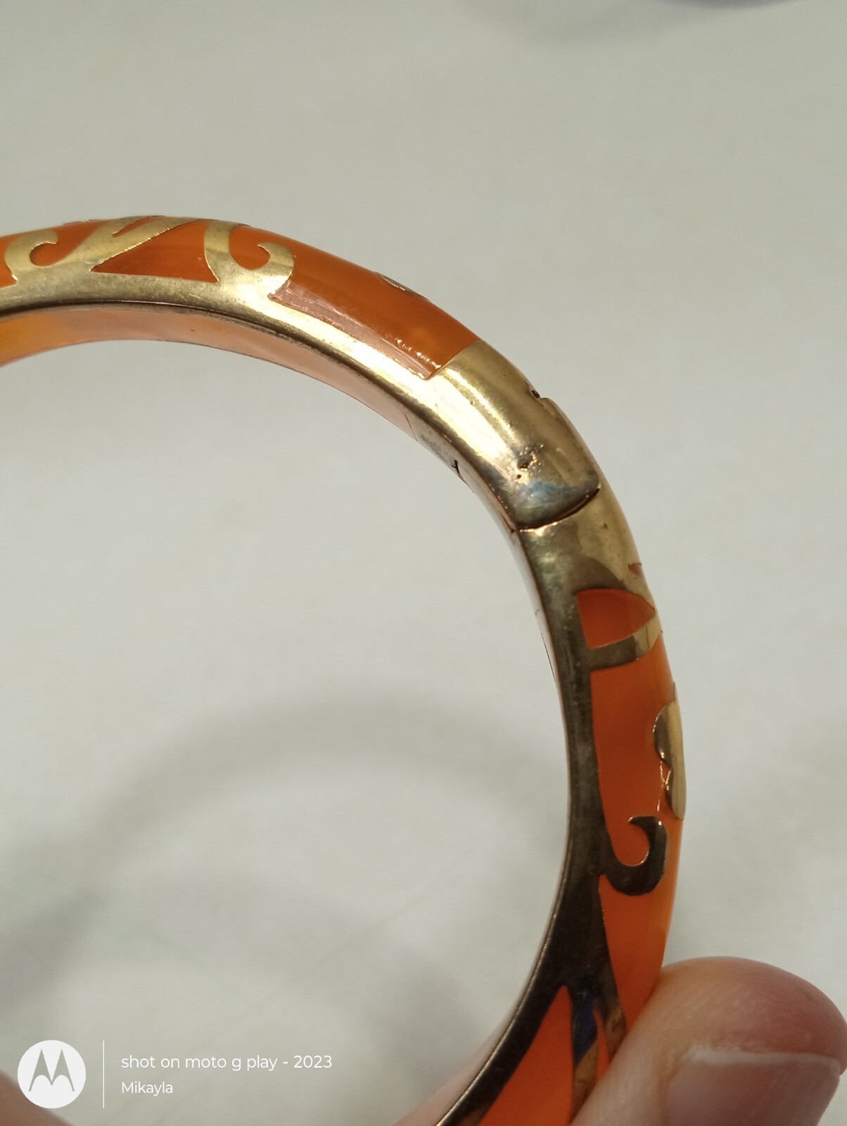 Orange Enamel Scroll Hinged Bangle Bracelet Gold … - image 12