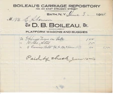 1919 Invoice, D.B. Boileau's Carriage Repository, Wagons/Buggies, Bath, New York