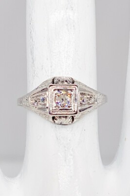 Antiker 20er Jahre 0,33ct VS H alter Euro Diamant 18k Weißgold filigran Ring Band 4g