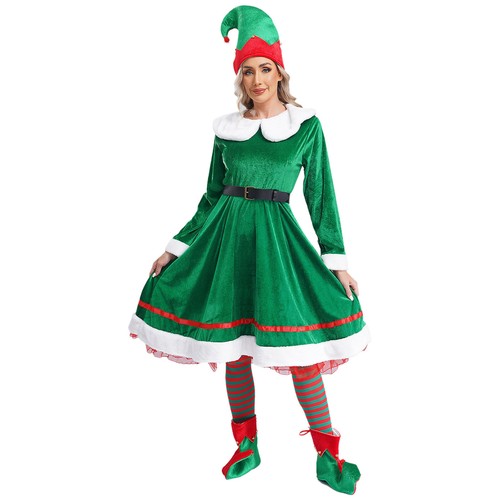 AU Womens Christmas Elf Costume Santa Helper Velvet Fancy Dress 5-piece Set - Picture 5 of 21