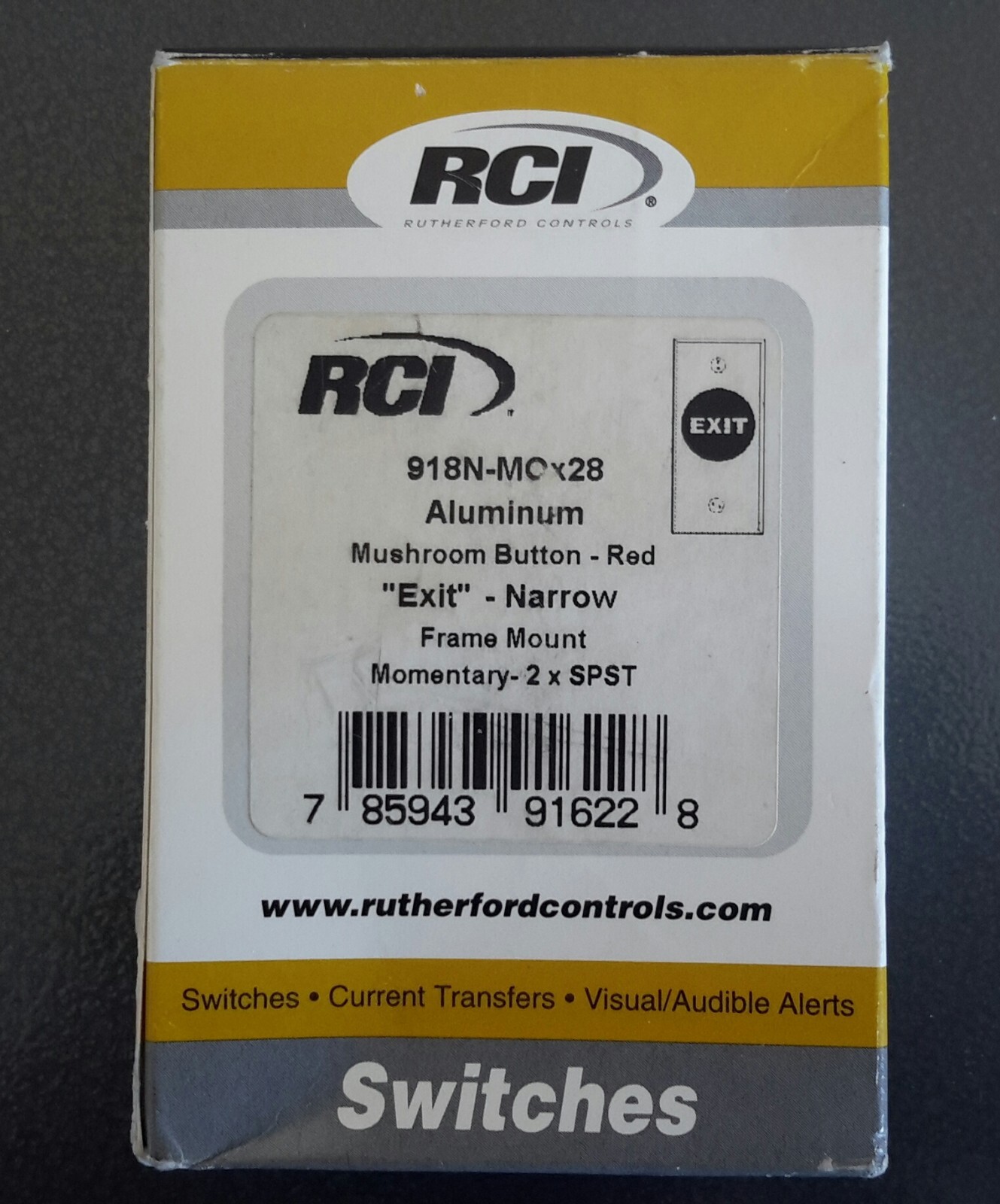 RCI 918N-MO-28 Tamper-Resistant Exit Pushbutton, Narrow, Momentary Switch Mode