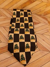 Men Cape Cod Neckwear Navy Blue Tan Christmas Tree Print Silk Neck Tie USA