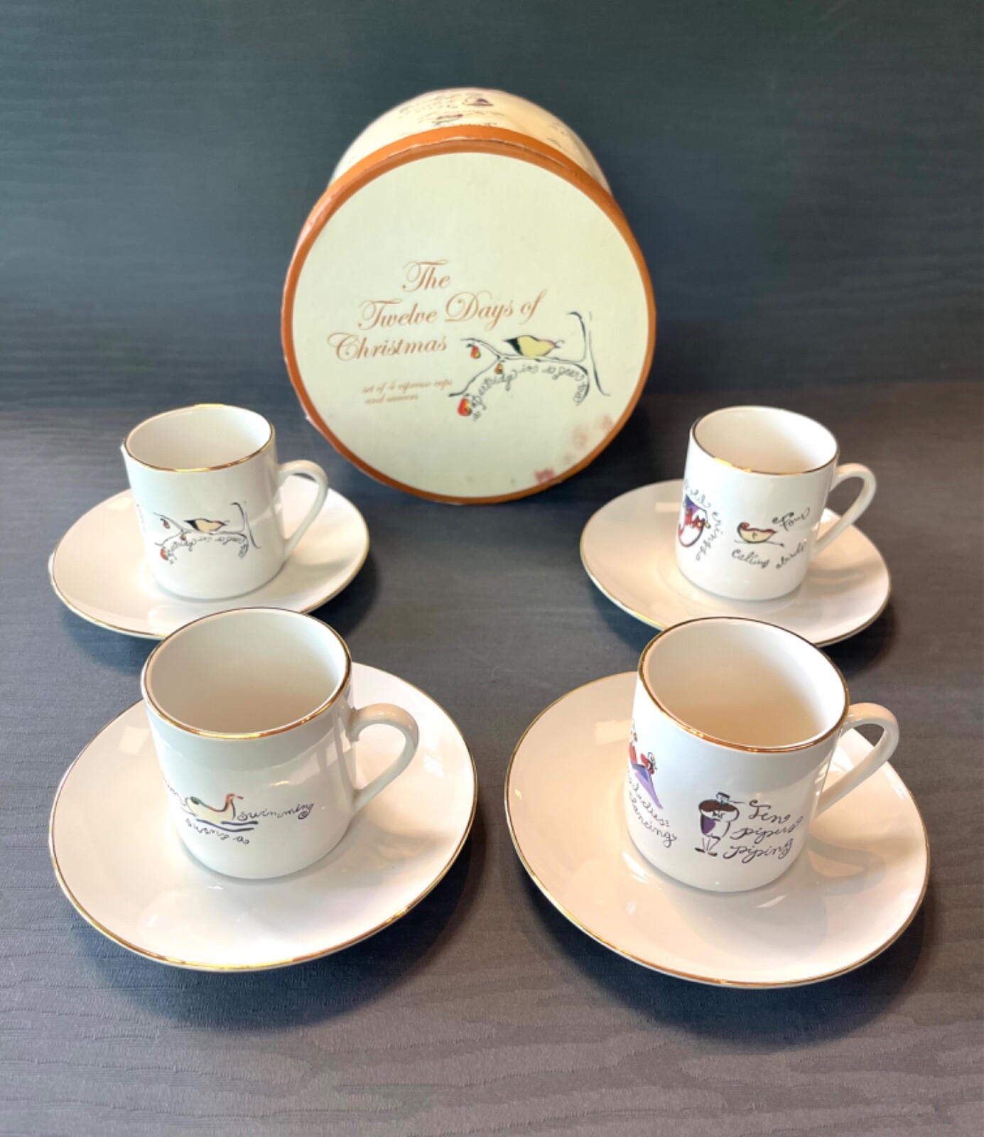 Rosanna “12 Days of Christmas” Espresso Cups & Saucers - Set of 4 + storage case