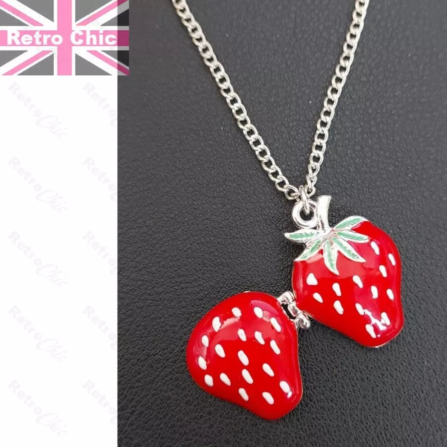 KITSCH enamel STRAWBERRY LOCKET long chain NECKLACE 2.5cm pendant