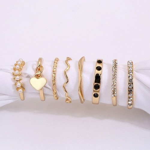 Set 8x Anillos De Moda Metálico Con Piedra Colorida Para Mujer Y Niña Oro Plata - Foto 30 di 30