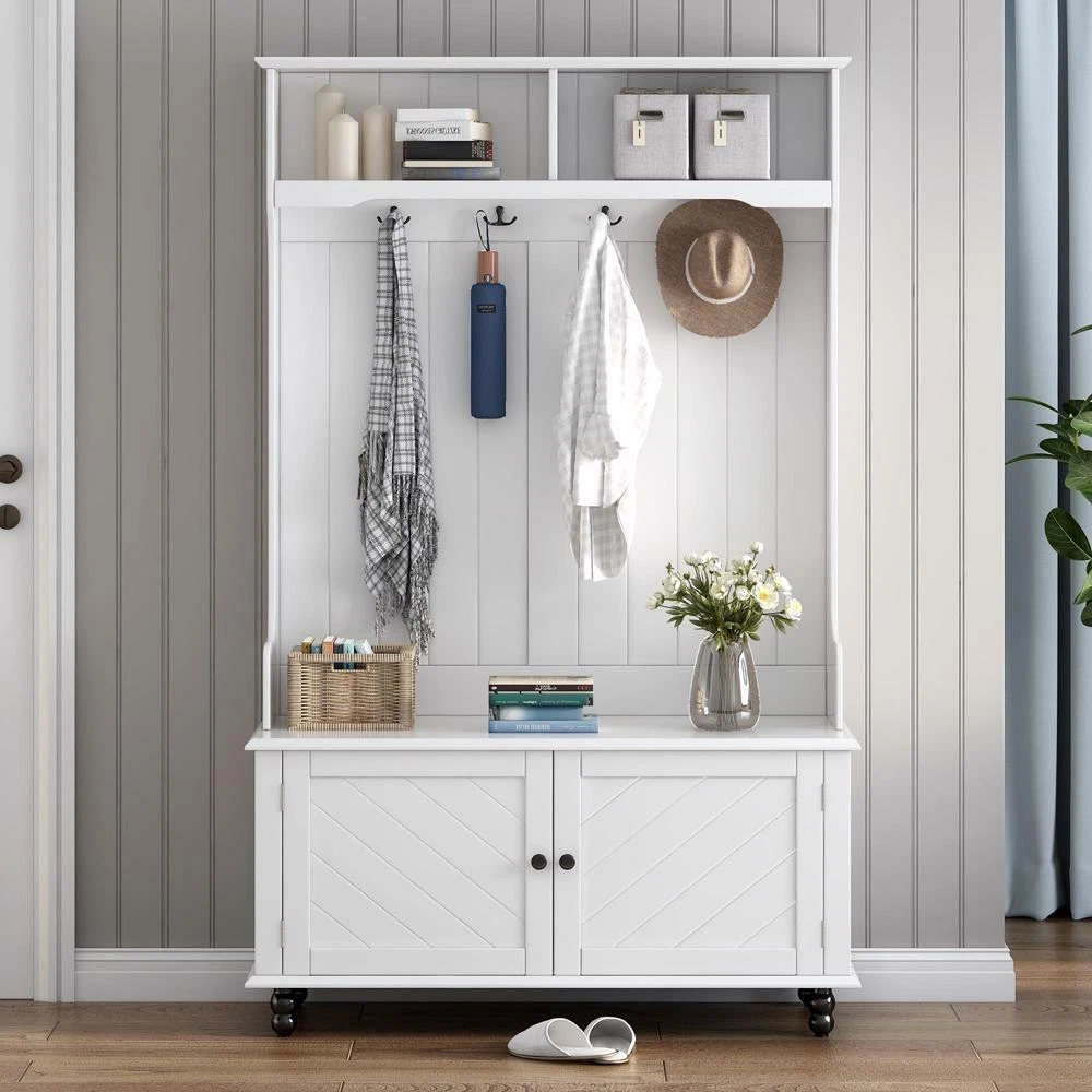 3-in-1 Hall Tree with 4 Hooks Coat Hanger for Entryway Bench Storage Bench  White | eBay