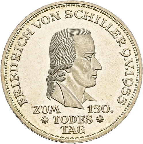 Künker: BRD, 5 Mark 1955 F, 150. Todestag Friedrich von Schiller, Silber, Top!