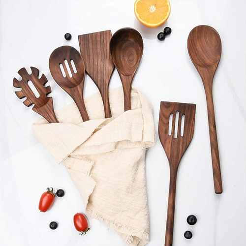6 PCS Wooden Kitchen Utensils Set, Black Walnut Wood Long Handle Spoons and Spat - Picture 6 of 7