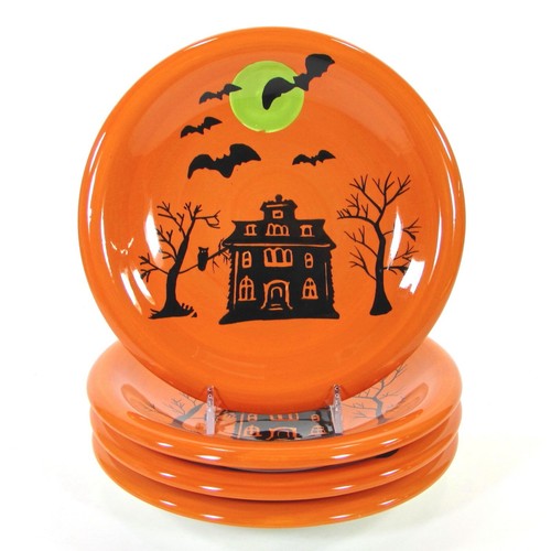 Target Home HAUNTED HOUSE 8" Dessert Plate Set 4Pc Orange Black Halloween Bats - Picture 13 of 13