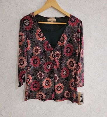 Notations Womens Vibrant Floral Blouse 3/4 Sleeve Built In Tank Top Stretch XL