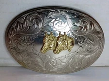 Vtg Montana Silversmiths Western Belt Buckle with 2 Horses German Silver 3.5"