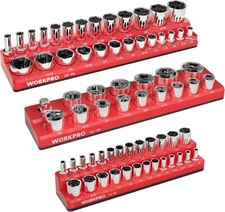 WORKPRO Magnetic Socket Organizer 3 Pieces-1/4", 3/8", & 1/2" DR, SAE, Red 