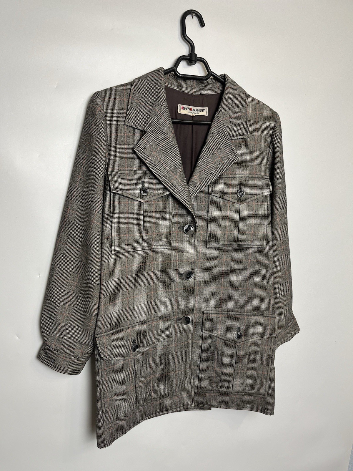 Giacca blazer lunga donna vintage Saint Laurent a quadri con tasche taglia 38