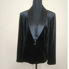 Tahari Size 10 Black One-Button Velvet Velour Lined Blazer Jacket Satin Collar