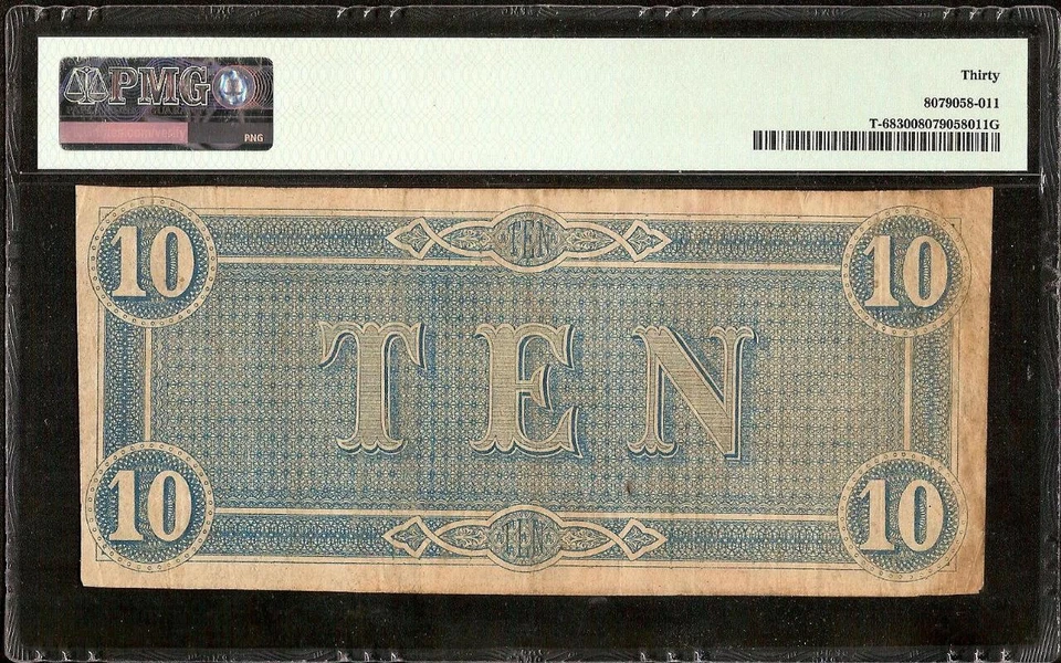 1864 $10 BILL PF-57 RARE VARIETY CONFEDERATE STATES CURRENCY NOTE MONEY PMG 30 - Image 2 of 2