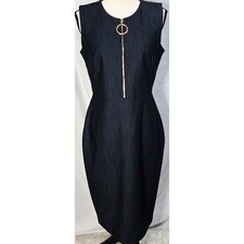 Calvin Klein Sheath Dress Size 8 Navy Blue Gold Zipper Sleeveless Business Work